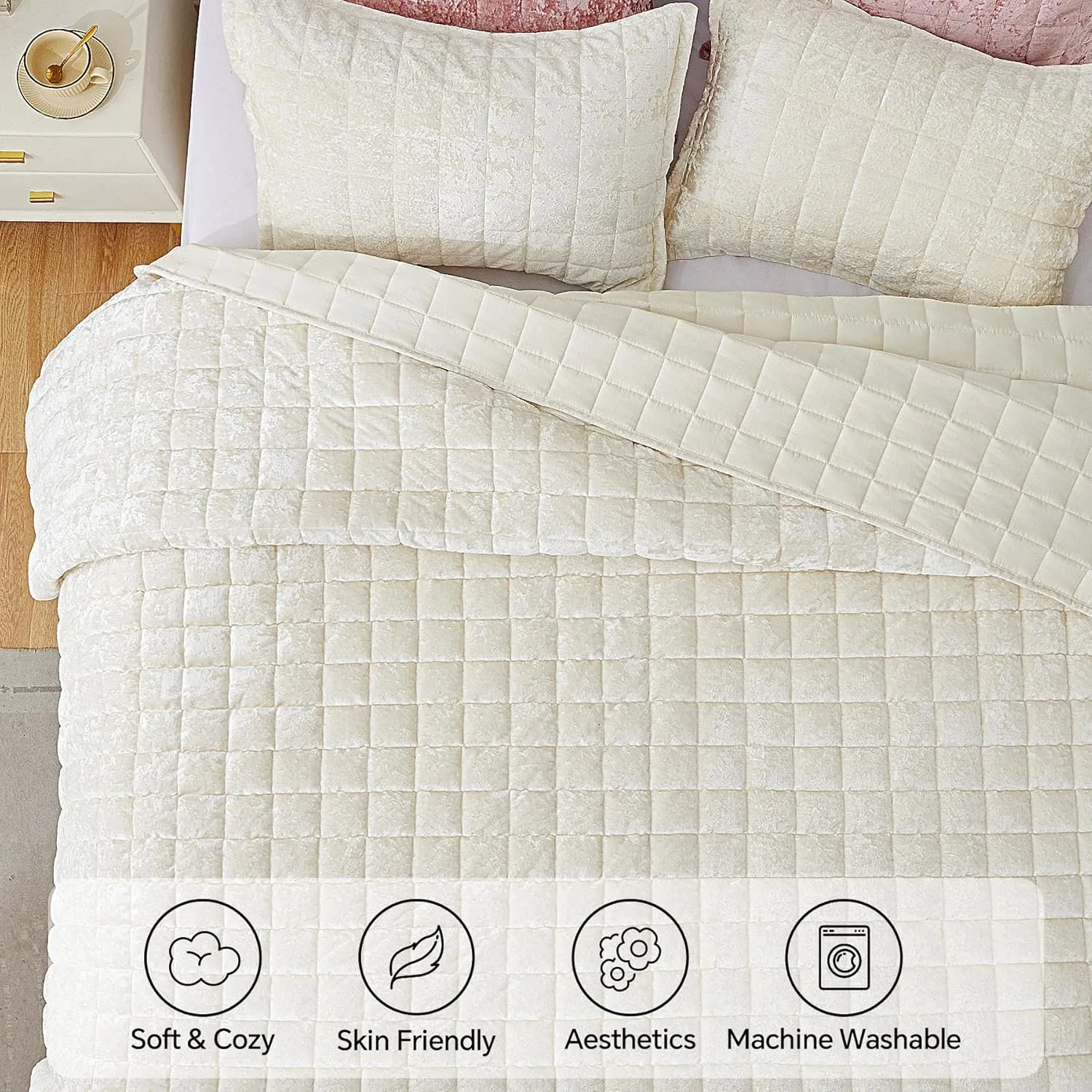 BEDELITE Velvet Quilt Set King Size - Lightweight Luxury Quilted Bedding Set,Soft Cozy Cream White Comforter Set,3 Pieces Oversized Bedspread Coverlet for All Seasons with 2 Pillow Shams
