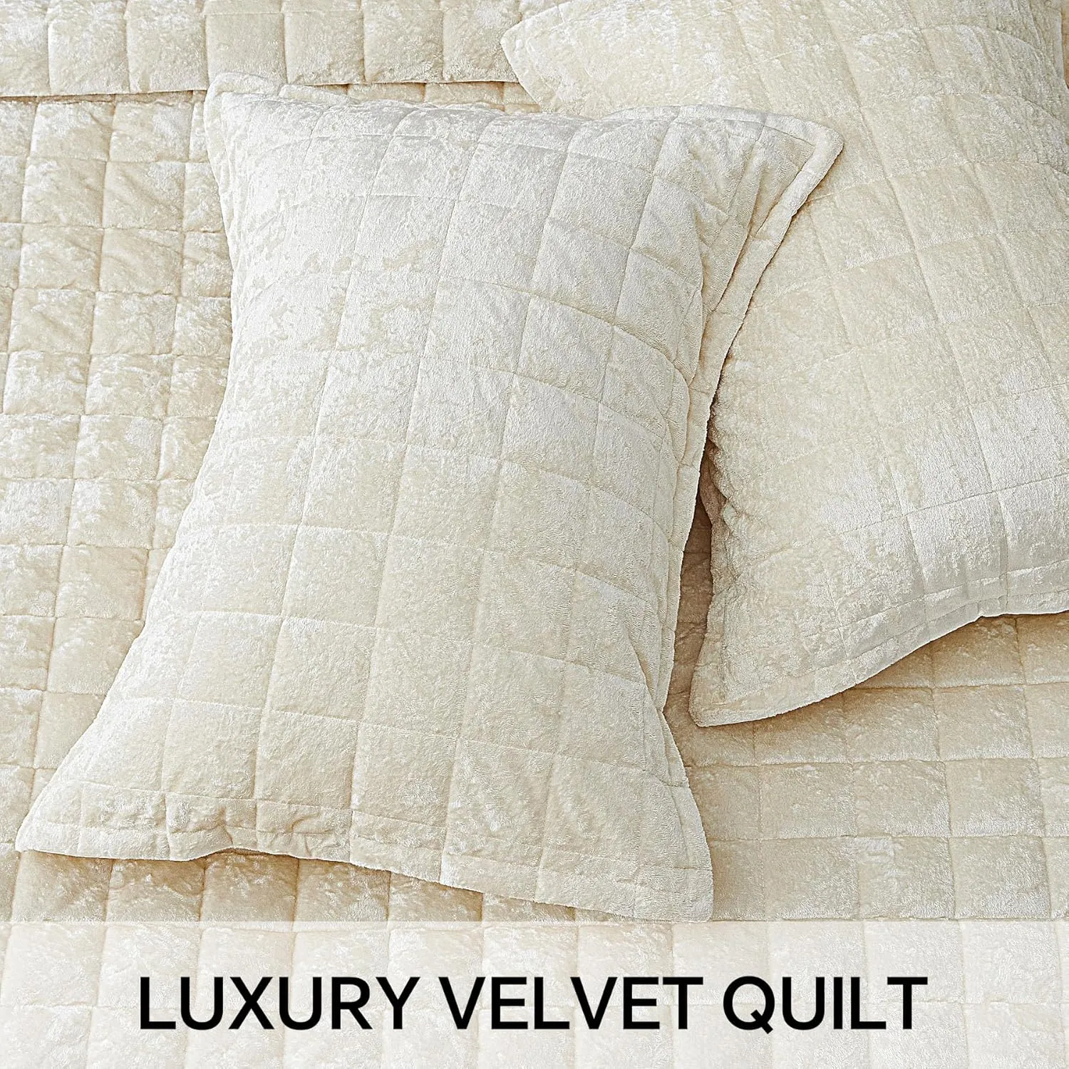 BEDELITE Velvet Quilt Set King Size - Lightweight Luxury Quilted Bedding Set,Soft Cozy Cream White Comforter Set,3 Pieces Oversized Bedspread Coverlet for All Seasons with 2 Pillow Shams
