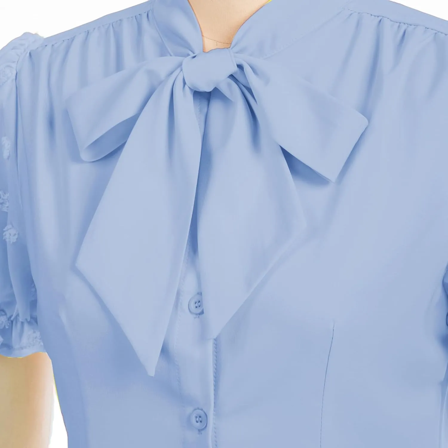 Belle Poque Summer Short Sleeve Office Button Down Blouse Vintage Business Casual Shirts Tops with Bow Tie