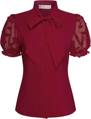 Belle Poque Summer Short Sleeve Office Button Down Blouse Vintage Business Casual Shirts Tops with Bow Tie