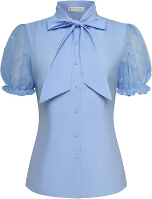 Belle Poque Summer Short Sleeve Office Button Down Blouse Vintage Business Casual Shirts Tops with Bow Tie