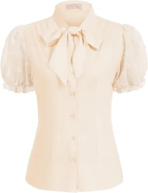 Belle Poque Summer Short Sleeve Office Button Down Blouse Vintage Business Casual Shirts Tops with Bow Tie