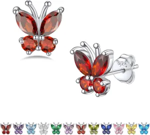 Bestyle Sterling Silver Butterfly Earrings for Women, Dainty Cute Birthstone Studs Hypoallergenic Jewelry, Great Birthday Gift