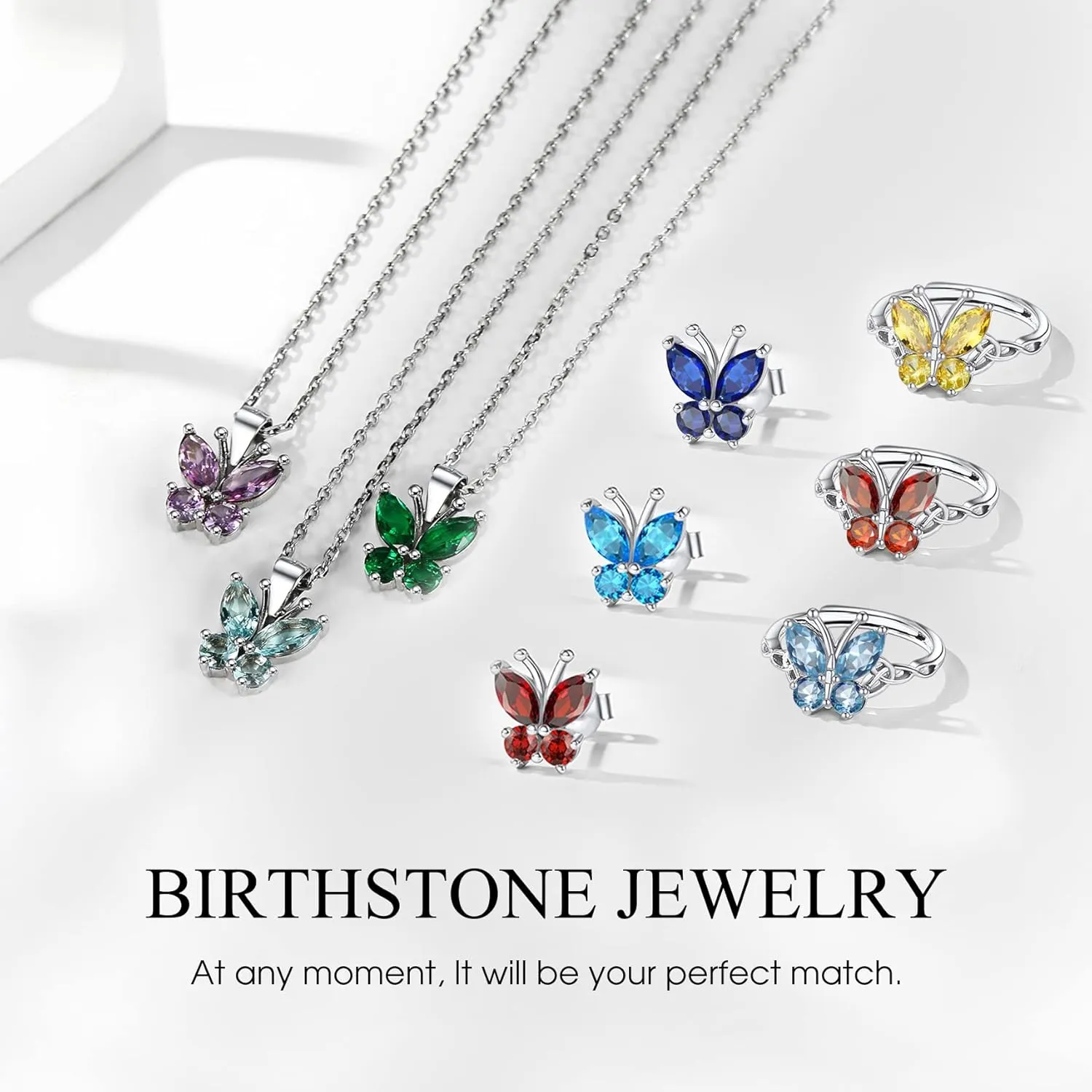 Bestyle Sterling Silver Butterfly Earrings for Women, Dainty Cute Birthstone Studs Hypoallergenic Jewelry, Great Birthday Gift