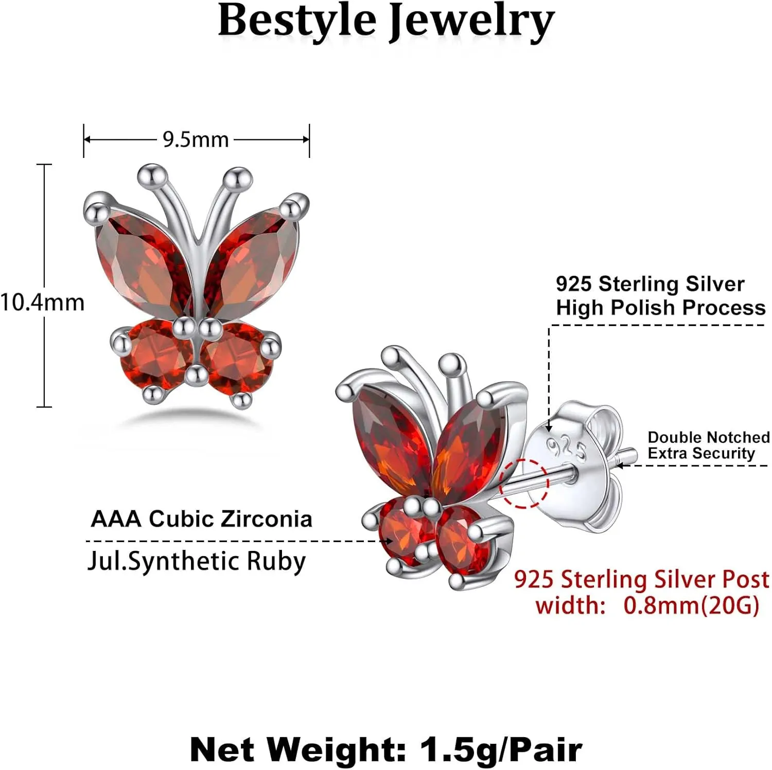 Bestyle Sterling Silver Butterfly Earrings for Women, Dainty Cute Birthstone Studs Hypoallergenic Jewelry, Great Birthday Gift