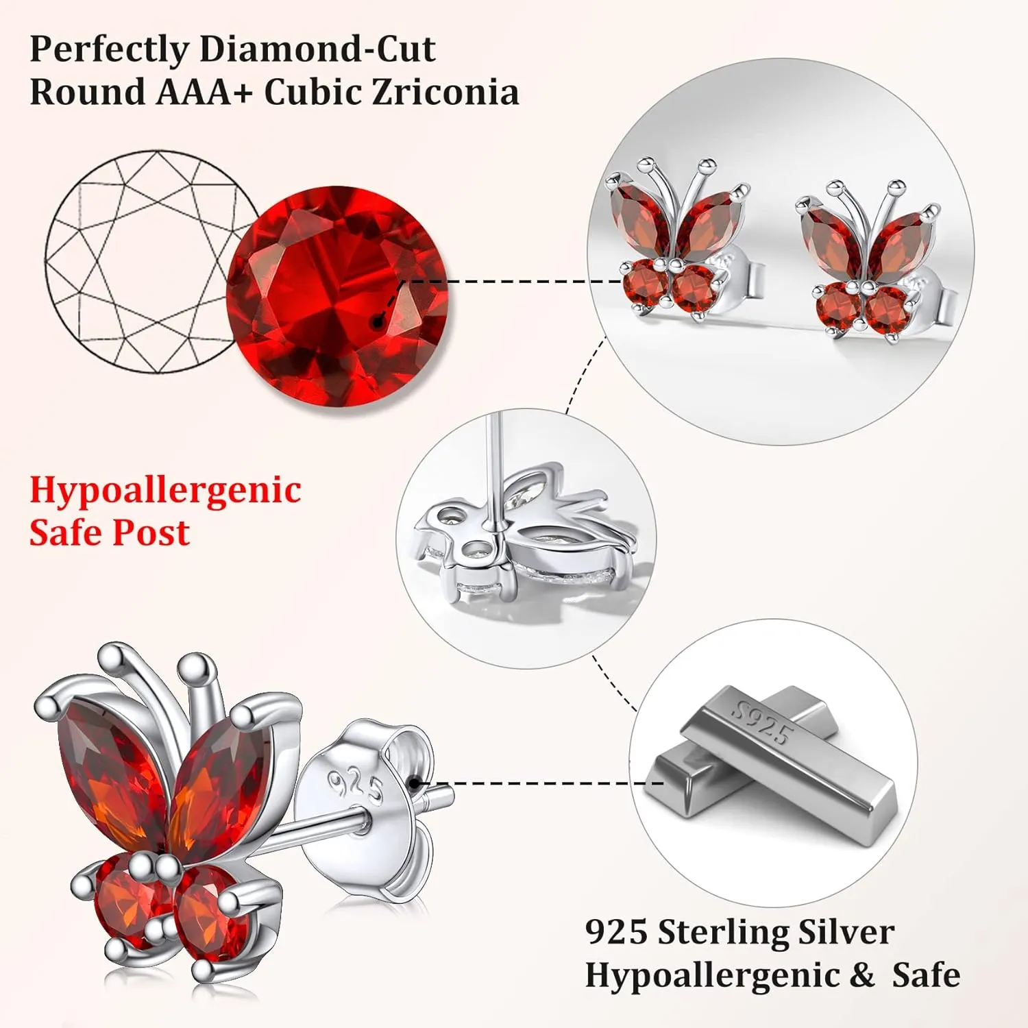 Bestyle Sterling Silver Butterfly Earrings for Women, Dainty Cute Birthstone Studs Hypoallergenic Jewelry, Great Birthday Gift