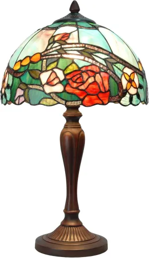 Bieye L10737 Rose Flower Tiffany Style Stained Glass Table Lamp with 12-inch Wide Lampshade, 21-inch Tall, Red