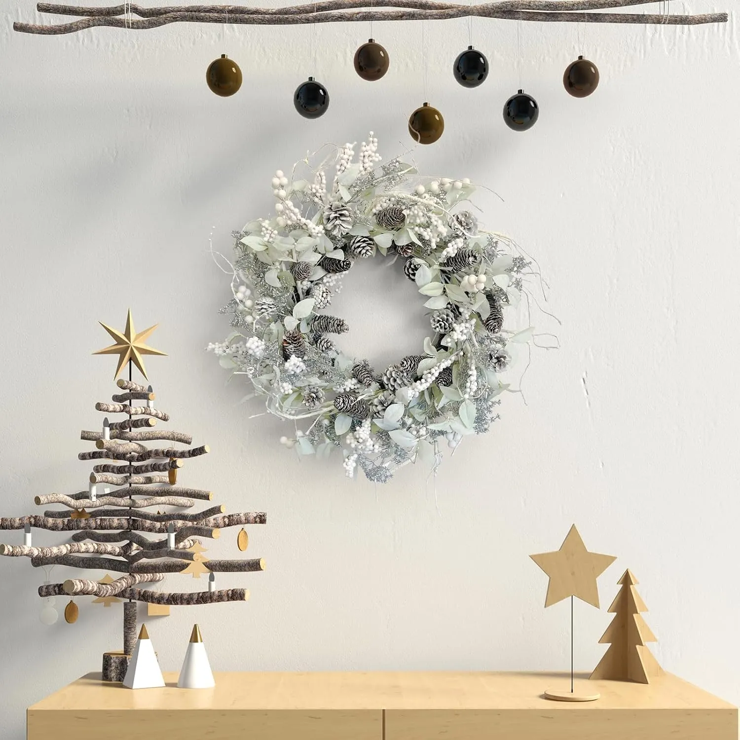 Birch Wreath with White Berries, Iced Pine Cones, Holly Leaf, Branch - 26" Winter Christmas Wreath for Front Door or Indoor Wall Window Thanksgiving Decor