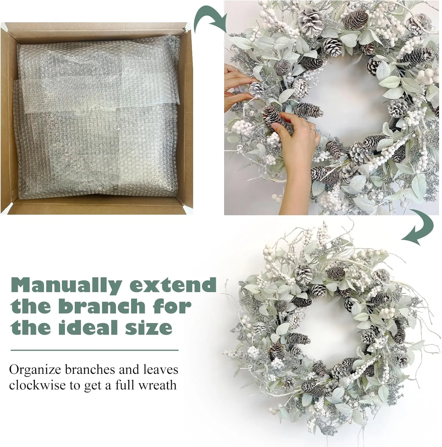 Birch Wreath with White Berries, Iced Pine Cones, Holly Leaf, Branch - 26" Winter Christmas Wreath for Front Door or Indoor Wall Window Thanksgiving Decor