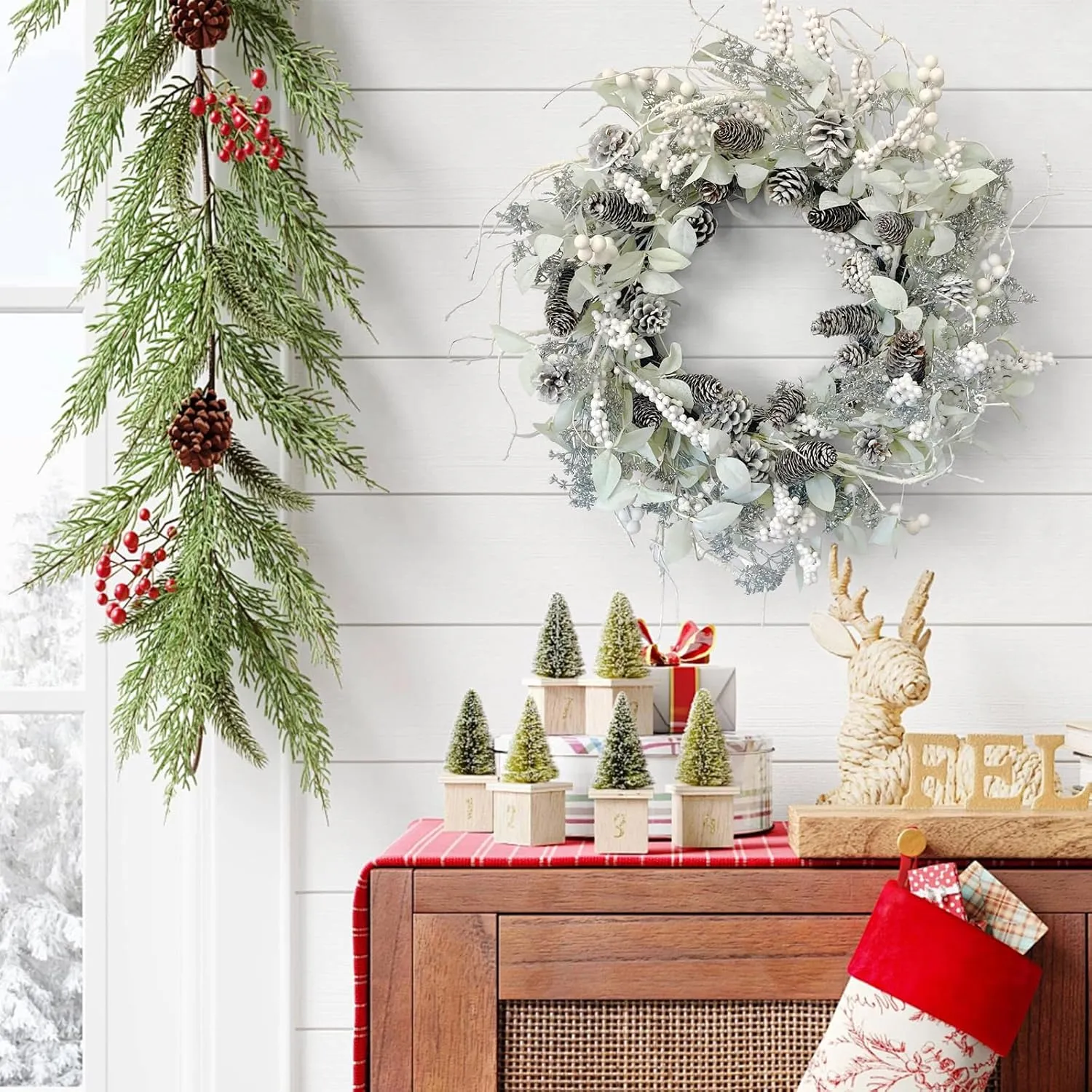Birch Wreath with White Berries, Iced Pine Cones, Holly Leaf, Branch - 26" Winter Christmas Wreath for Front Door or Indoor Wall Window Thanksgiving Decor