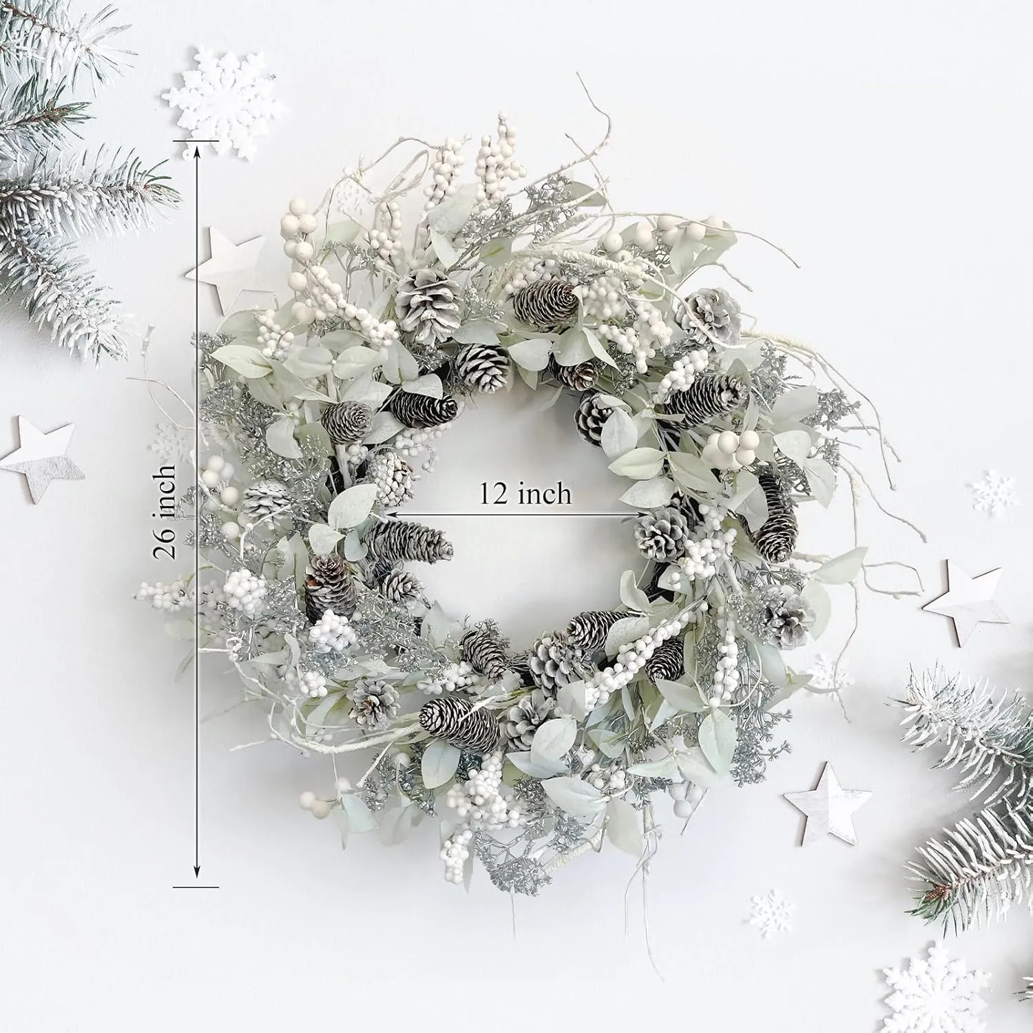 Birch Wreath with White Berries, Iced Pine Cones, Holly Leaf, Branch - 26" Winter Christmas Wreath for Front Door or Indoor Wall Window Thanksgiving Decor