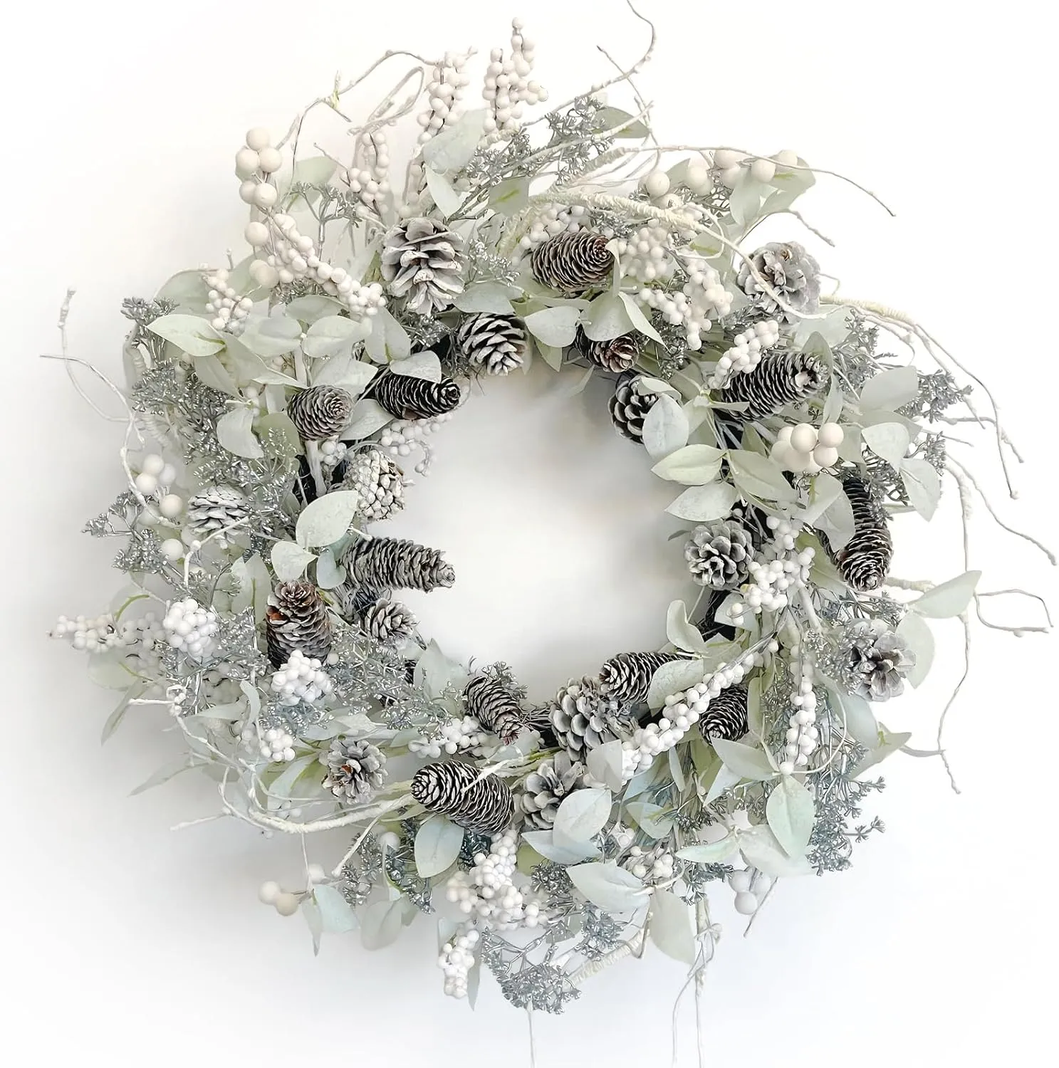 Birch Wreath with White Berries, Iced Pine Cones, Holly Leaf, Branch - 26" Winter Christmas Wreath for Front Door or Indoor Wall Window Thanksgiving Decor