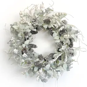 Birch Wreath with White Berries, Iced Pine Cones, Holly Leaf, Branch - 26" Winter Christmas Wreath for Front Door or Indoor Wall Window Thanksgiving Decor
