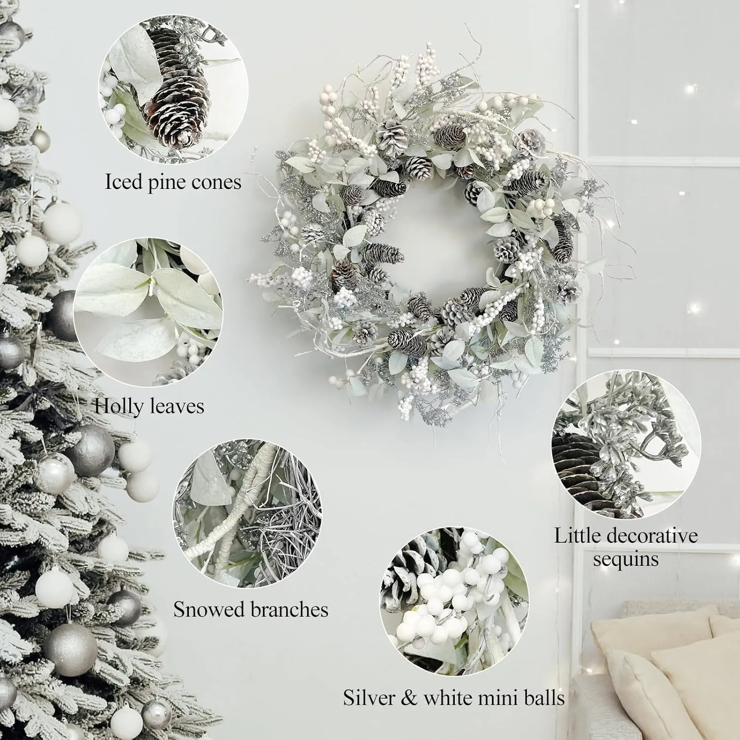Birch Wreath with White Berries, Iced Pine Cones, Holly Leaf, Branch - 26" Winter Christmas Wreath for Front Door or Indoor Wall Window Thanksgiving Decor