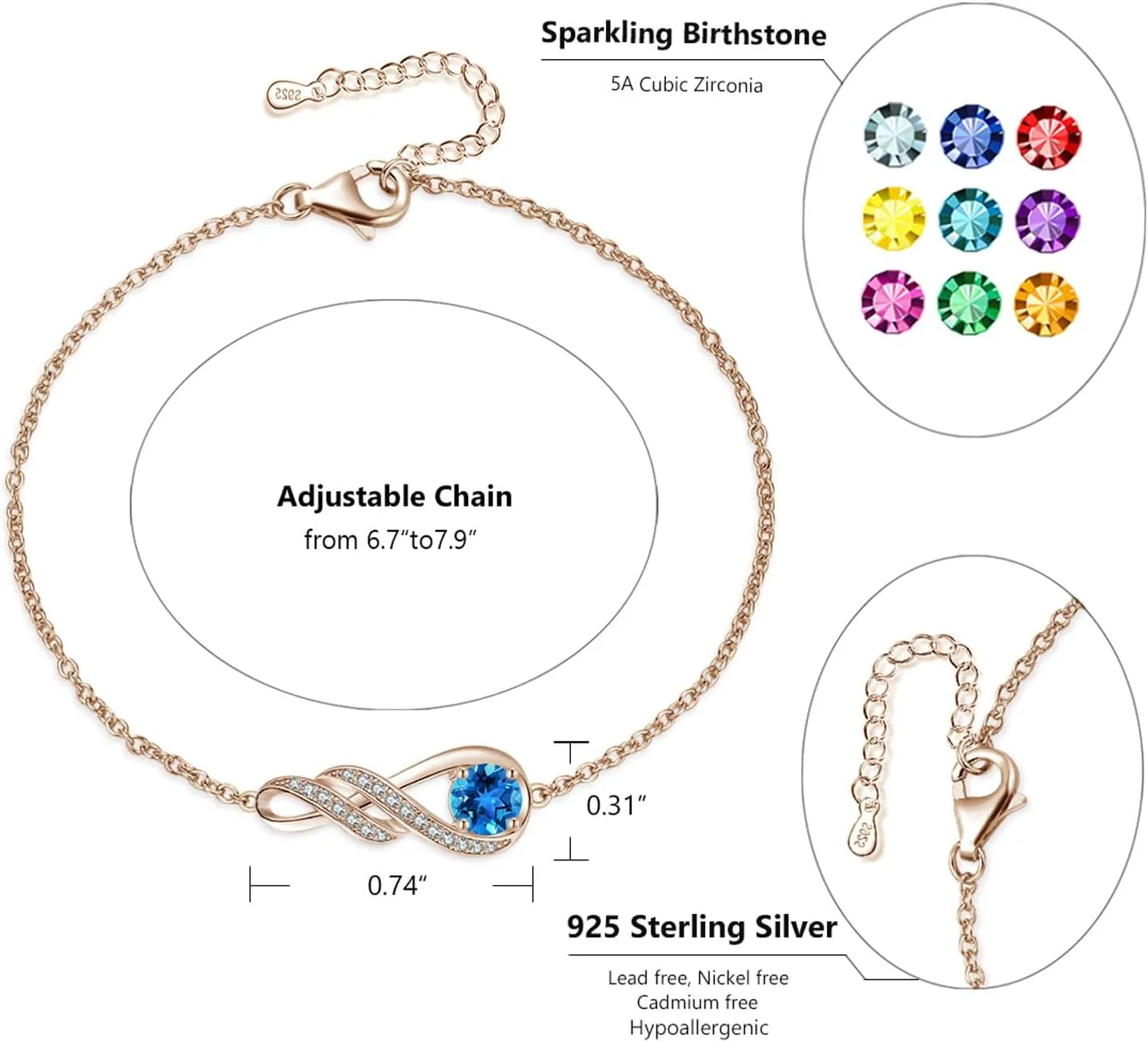 Birthstone Bracelets for Women Girls 925 Sterling Silver White Gold Infinity Pendant Anniversary Birthday Gifts Jewelry for Her, 6.7" 1.2"