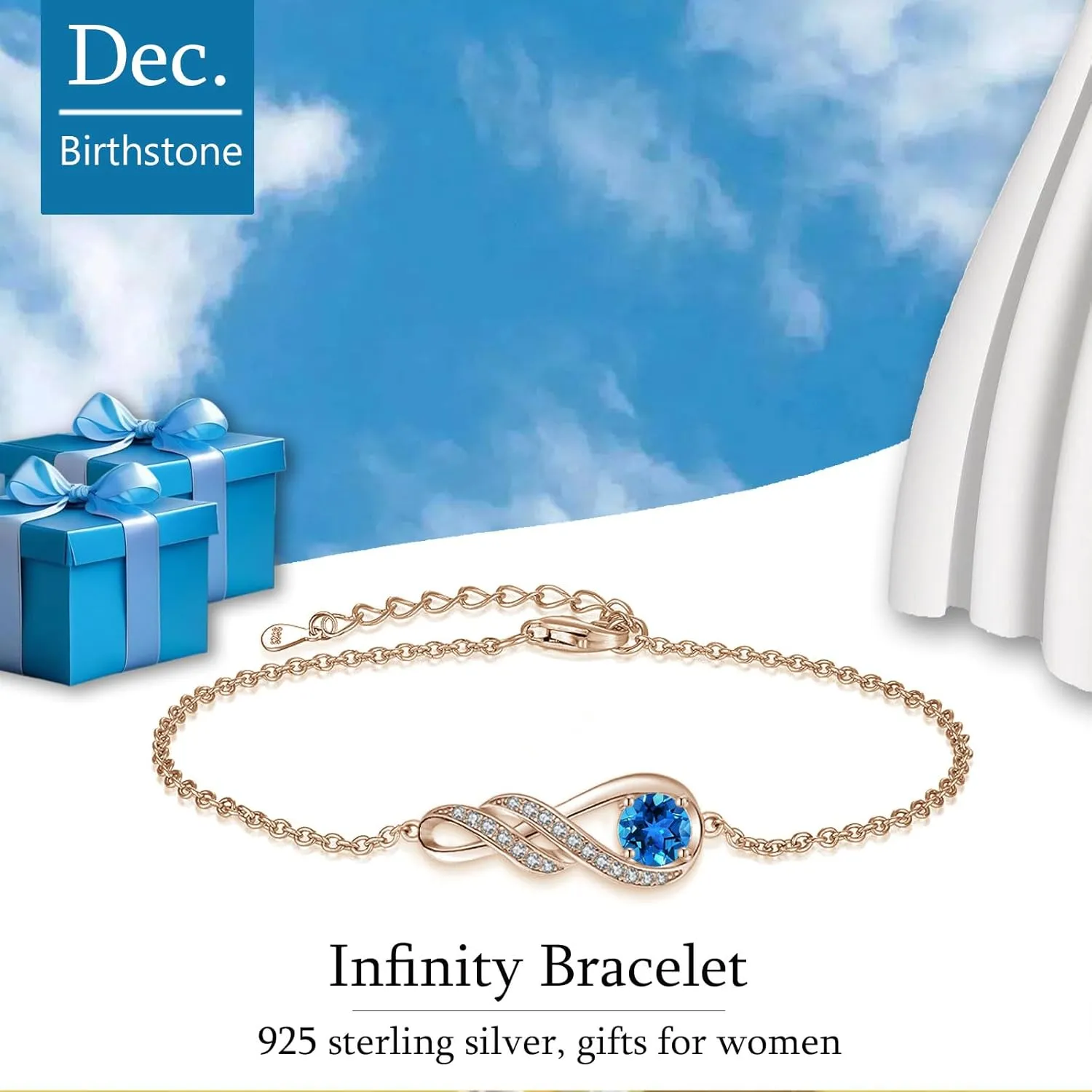 Birthstone Bracelets for Women Girls 925 Sterling Silver White Gold Infinity Pendant Anniversary Birthday Gifts Jewelry for Her, 6.7" 1.2"
