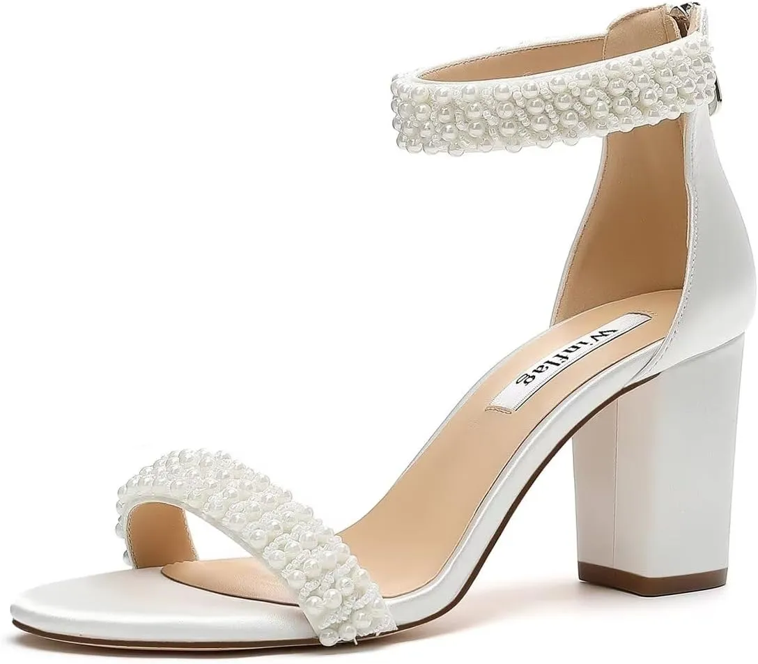 Block Heel Wedding Sandals Pearl Heels Open Toe Wedding Shoes for Bride Bridal Shoes