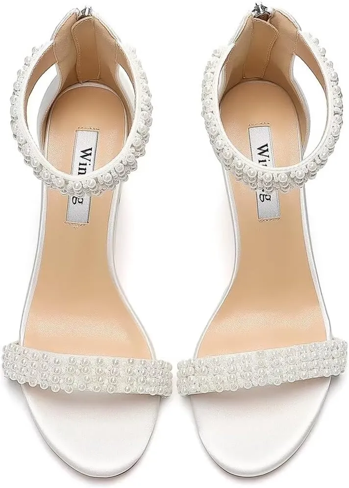 Block Heel Wedding Sandals Pearl Heels Open Toe Wedding Shoes for Bride Bridal Shoes
