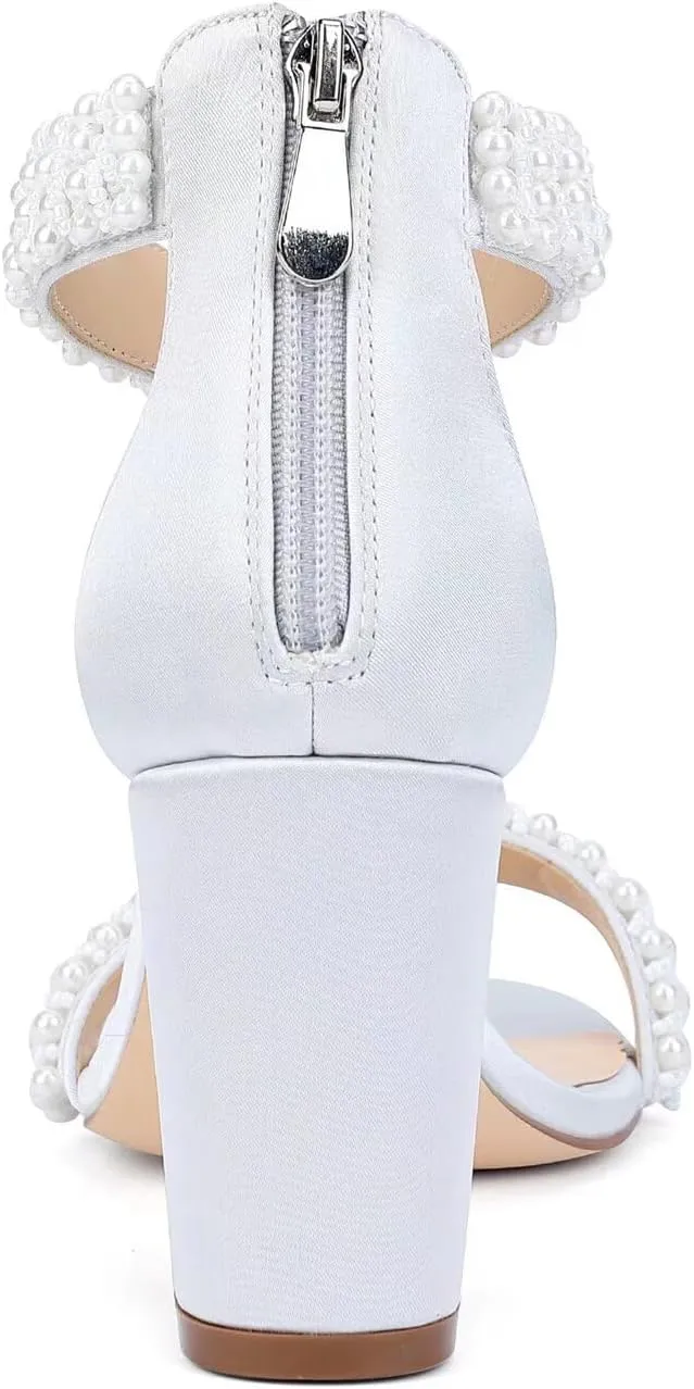 Block Heel Wedding Sandals Pearl Heels Open Toe Wedding Shoes for Bride Bridal Shoes