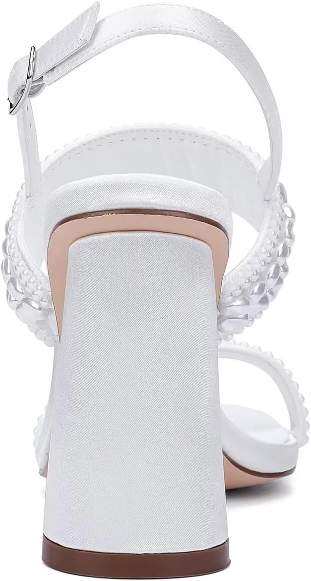 Block Heel Wedding Sandals Pearl Wedding Shoes for Bride Open Toe Bridal Heels