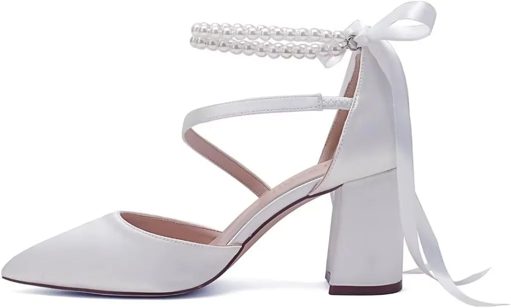 Block Heel Wedding Shoes for Bride Closed Toe Pearl Bridal Shoes Wedding Chunky Heels
