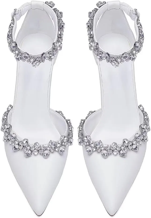 Block Heel Wedding Shoes for Bride Pointed Toe Rhinestones Bridal Shoes Wedding Heels