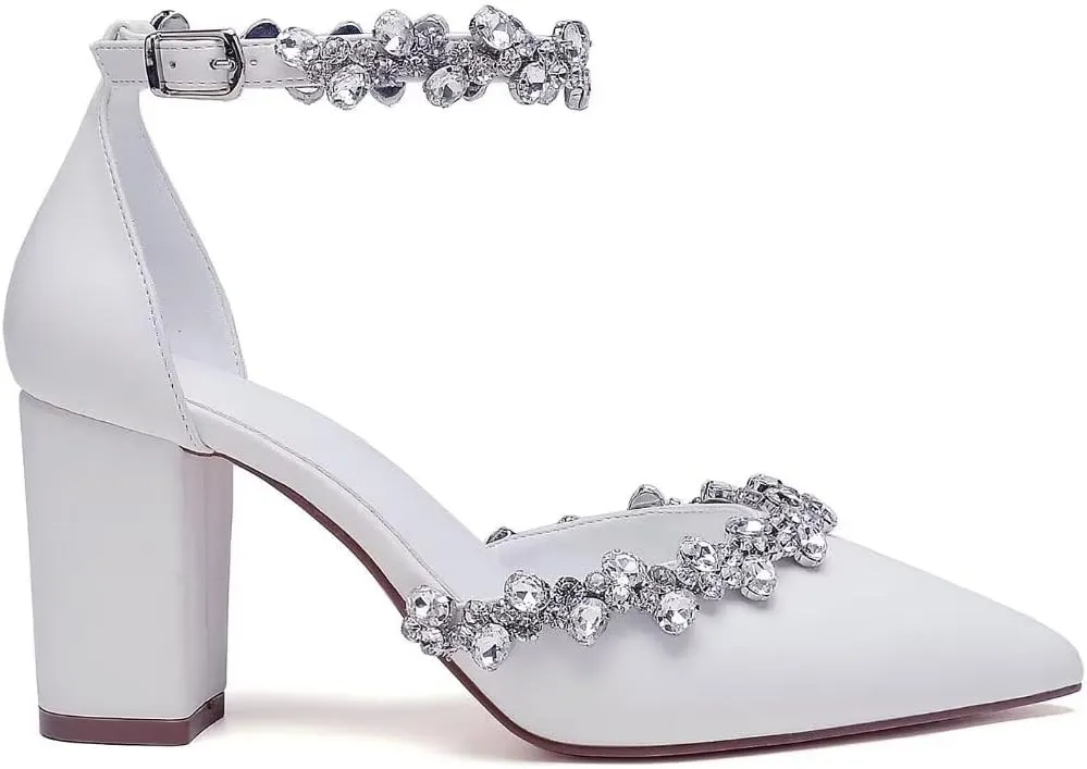Block Heel Wedding Shoes for Bride Pointed Toe Rhinestones Bridal Shoes Wedding Heels