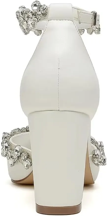 Block Heel Wedding Shoes for Bride Pointed Toe Rhinestones Bridal Shoes Wedding Heels