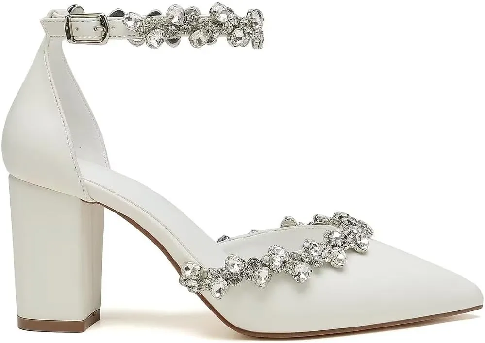 Block Heel Wedding Shoes for Bride Pointed Toe Rhinestones Bridal Shoes Wedding Heels
