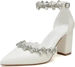 Block Heel Wedding Shoes for Bride Pointed Toe Rhinestones Bridal Shoes Wedding Heels