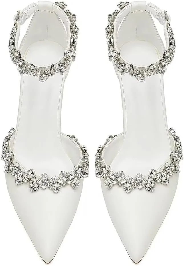 Block Heel Wedding Shoes for Bride Pointed Toe Rhinestones Bridal Shoes Wedding Heels