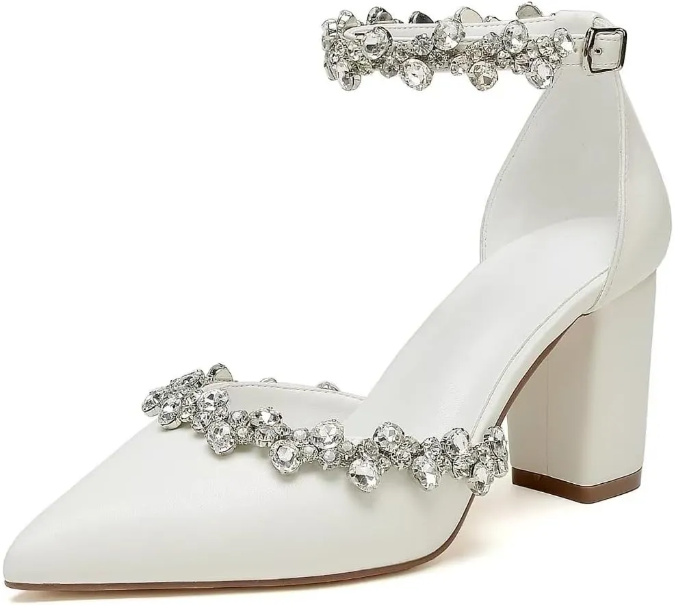 Block Heel Wedding Shoes for Bride Pointed Toe Rhinestones Bridal Shoes Wedding Heels