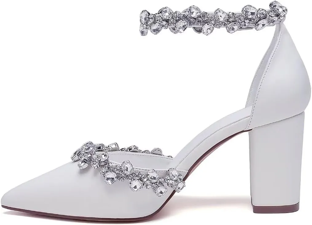 Block Heel Wedding Shoes for Bride Pointed Toe Rhinestones Bridal Shoes Wedding Heels