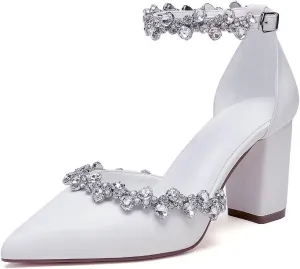 Block Heel Wedding Shoes for Bride Pointed Toe Rhinestones Bridal Shoes Wedding Heels