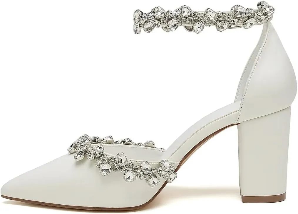 Block Heel Wedding Shoes for Bride Pointed Toe Rhinestones Bridal Shoes Wedding Heels