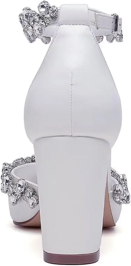 Block Heel Wedding Shoes for Bride Pointed Toe Rhinestones Bridal Shoes Wedding Heels