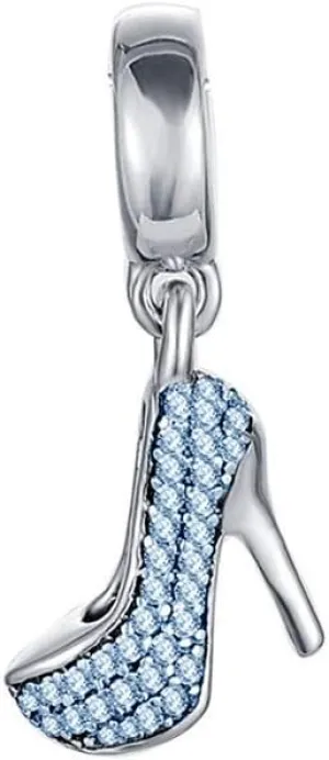 Blue Slipper High Heel Shoe Dangle Charm fits Pandora Charms Bracelets Stiletto Sparkling March Birthstones