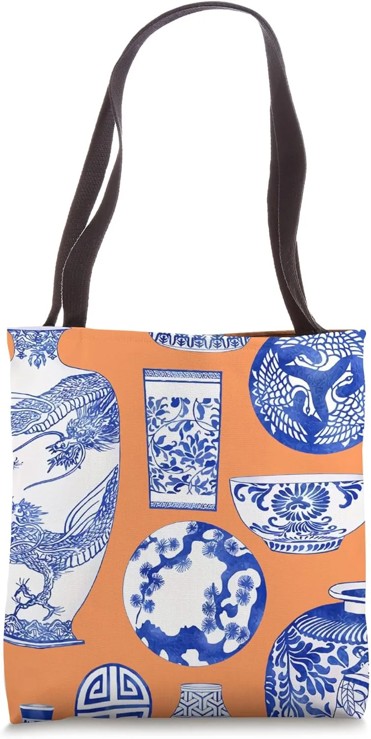 Blue Willow French Japanese Chinoiserie Ginger Jar Orange Tote Bag
