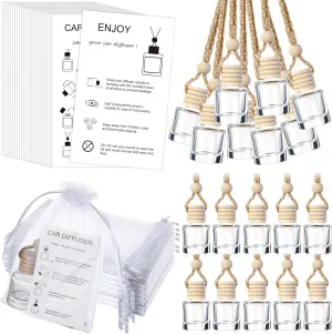 Boao 25 Sets Hanging Car Air Freshener Diffuser Bottles Empty Bulk with Car Diffuser Instruction Cards Organza Bags Glass Refillable Essential Oil Fragrance Aromatherapy Pendant(Clear,Cylindrical)