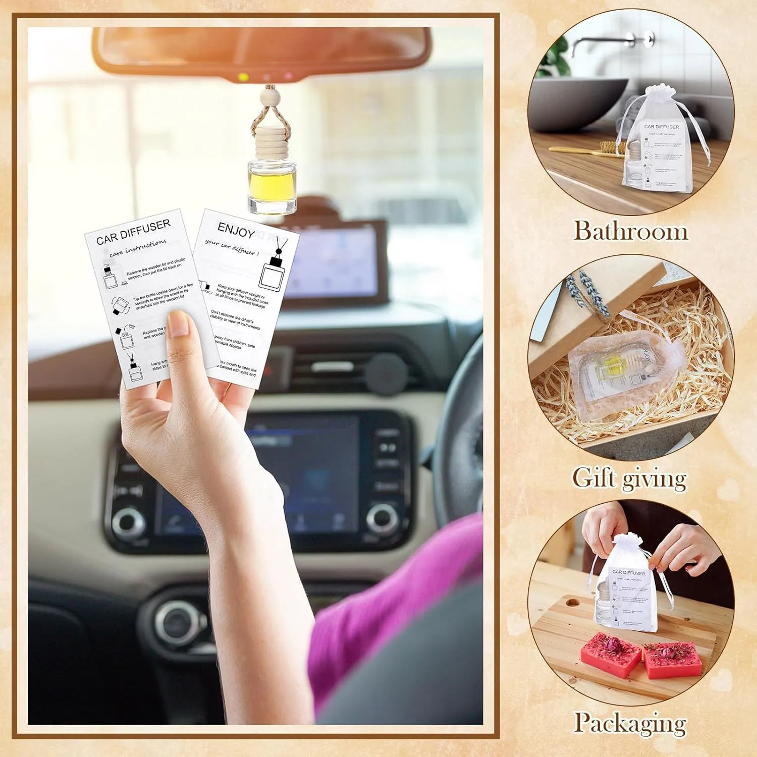 Boao 25 Sets Hanging Car Air Freshener Diffuser Bottles Empty Bulk with Car Diffuser Instruction Cards Organza Bags Glass Refillable Essential Oil Fragrance Aromatherapy Pendant(Clear,Cylindrical)