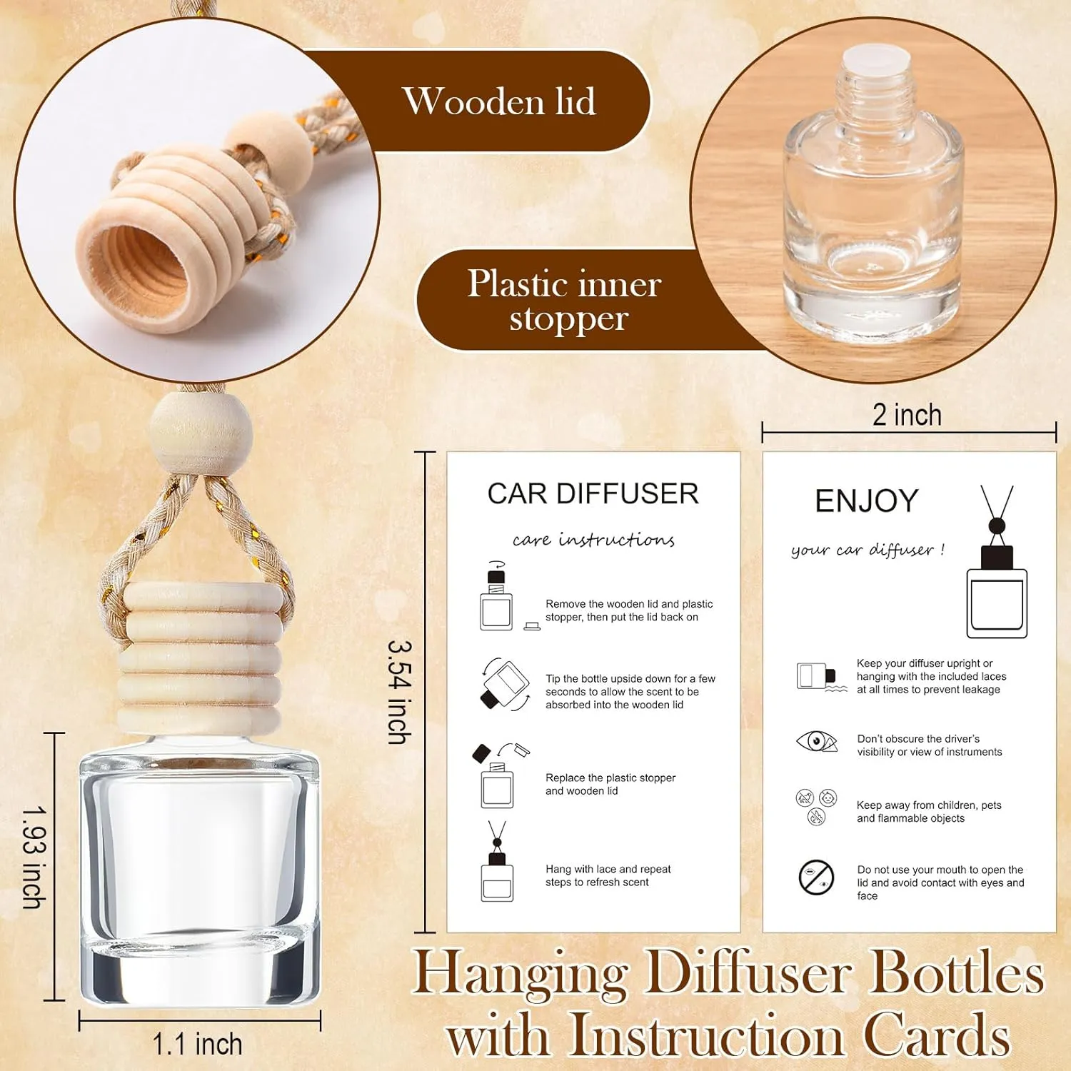 Boao 25 Sets Hanging Car Air Freshener Diffuser Bottles Empty Bulk with Car Diffuser Instruction Cards Organza Bags Glass Refillable Essential Oil Fragrance Aromatherapy Pendant(Clear,Cylindrical)