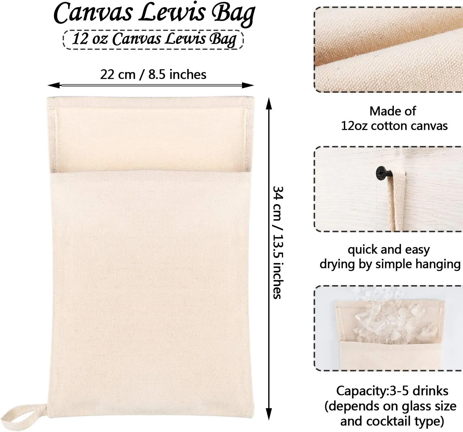 Boao 4 Pcs Canvas Lewis Ice Crusher Bag Reusable Crushed Ice Packs 13.5 x 8.5 inches Professional Bartender Kit for Home Party Bar Kitchen
