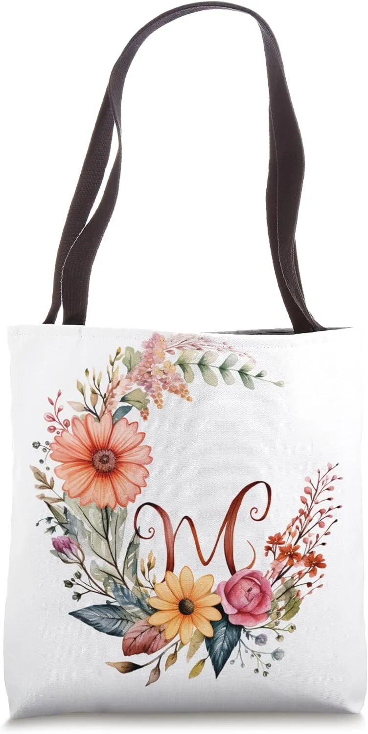 Boho Chic Floral Wreath Latter M Cute Pastel Tote Bag
