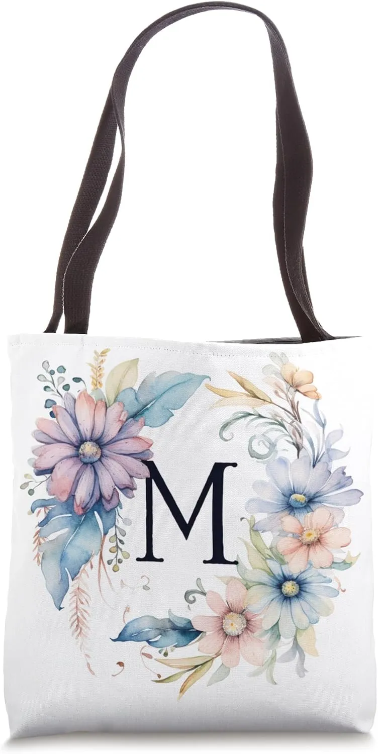 Boho Chic Floral Wreath Latter M Cute Pastel Tote Bag