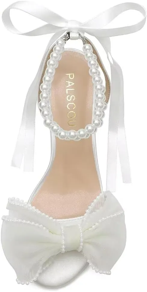 Bow Knot Heeled Sandals Wedding Shoes for Bride Block Heel Wedding Sandals Pearl Heels Bridal Shoes