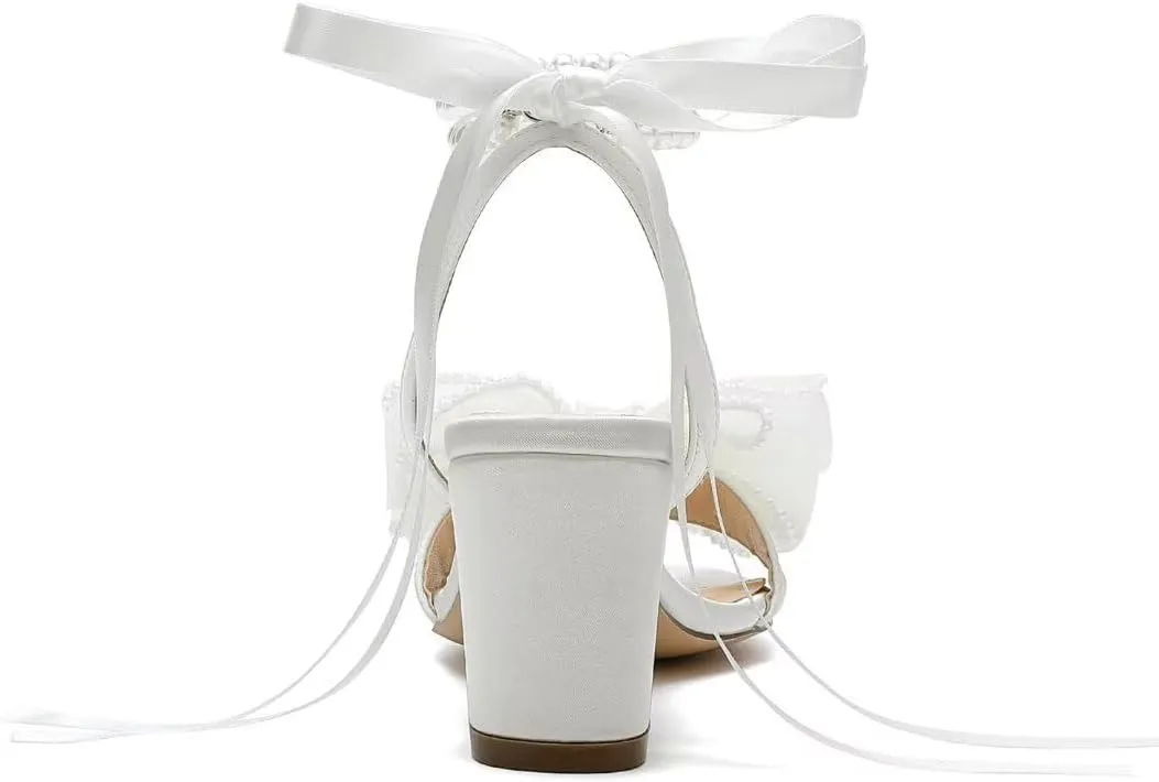 Bow Knot Heeled Sandals Wedding Shoes for Bride Block Heel Wedding Sandals Pearl Heels Bridal Shoes
