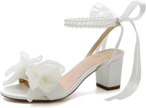 Bow Knot Heeled Sandals Wedding Shoes for Bride Block Heel Wedding Sandals Pearl Heels Bridal Shoes