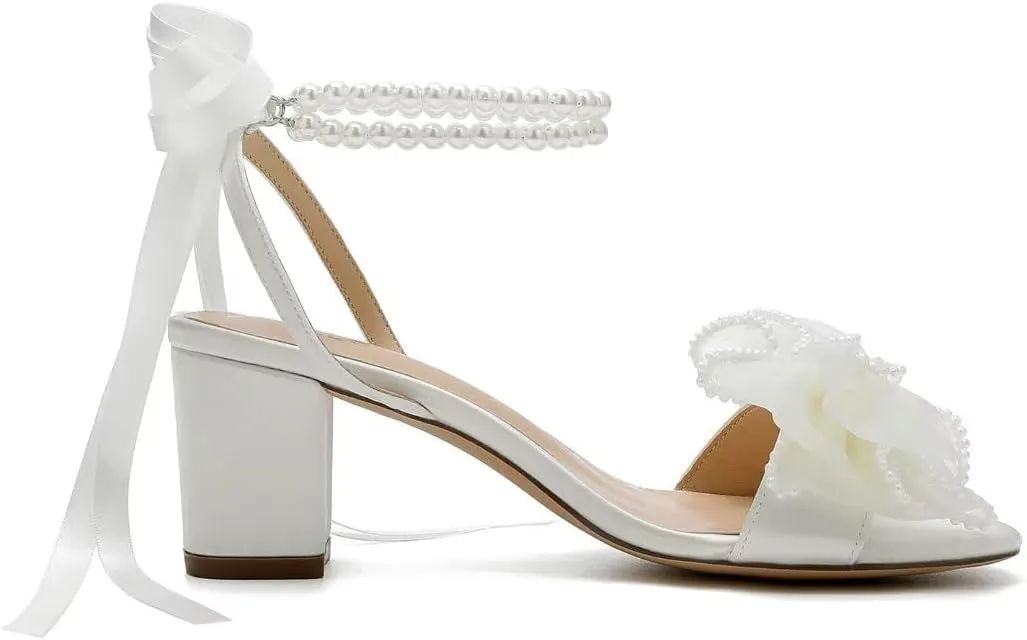 Bow Knot Heeled Sandals Wedding Shoes for Bride Block Heel Wedding Sandals Pearl Heels Bridal Shoes