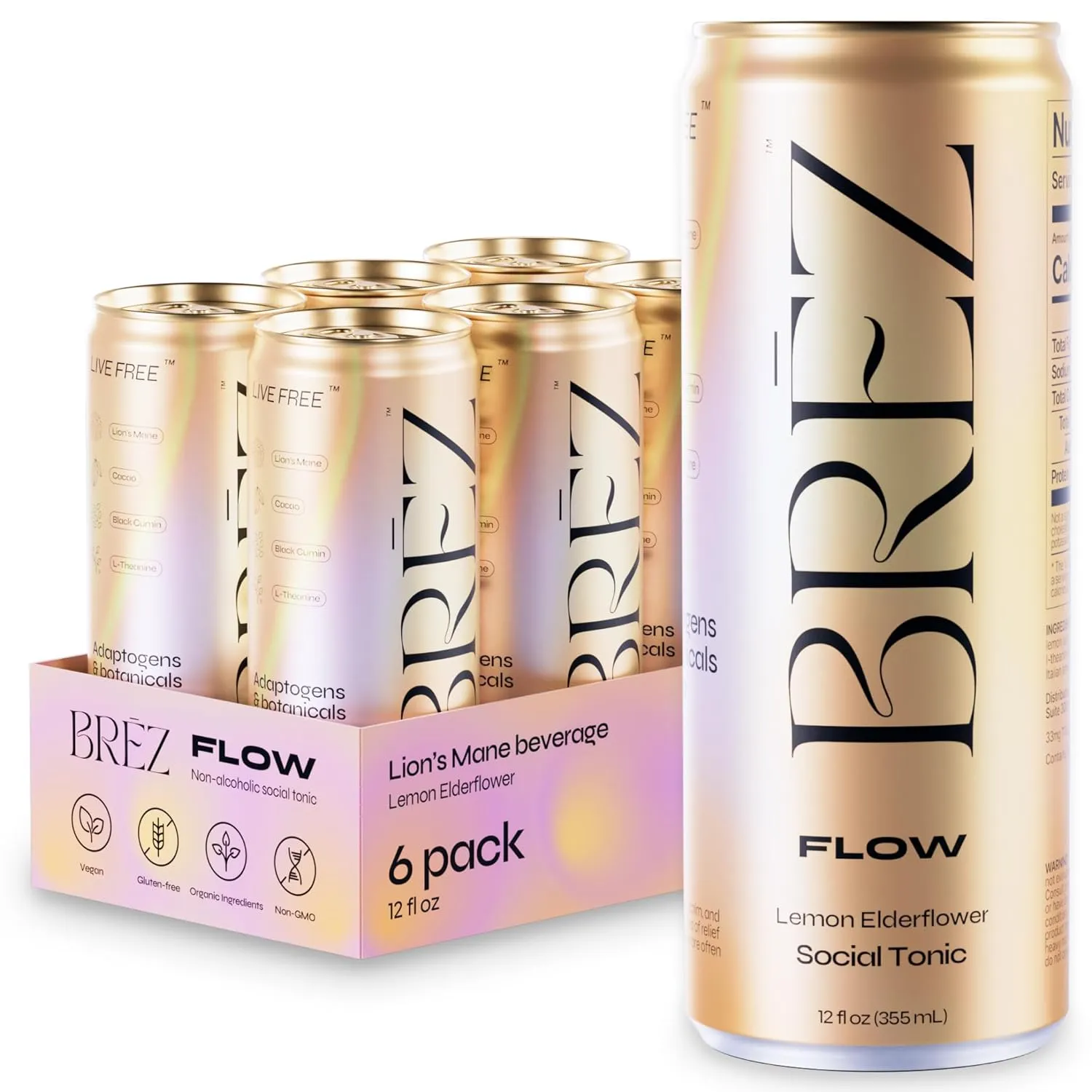 BREZ FLOW Lion’s Mane Mushroom Drink, 6-Pack, Non-Infused, Adaptogens, Relieving, Uplifting, and Social, Sparkling Lemon Elderflower Tonic 12 Fl oz
