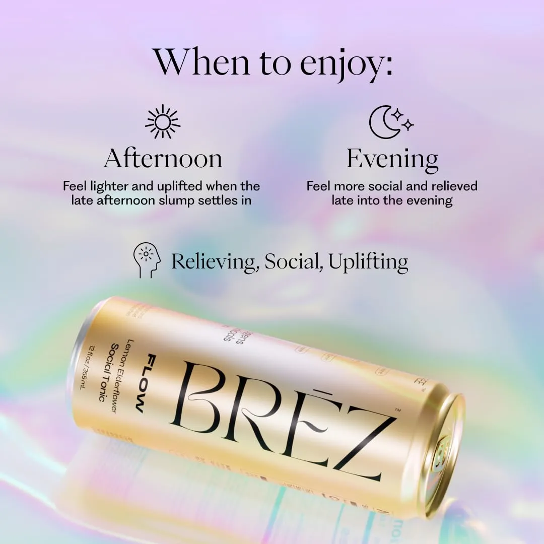 BREZ FLOW Lion’s Mane Mushroom Drink, 6-Pack, Non-Infused, Adaptogens, Relieving, Uplifting, and Social, Sparkling Lemon Elderflower Tonic 12 Fl oz